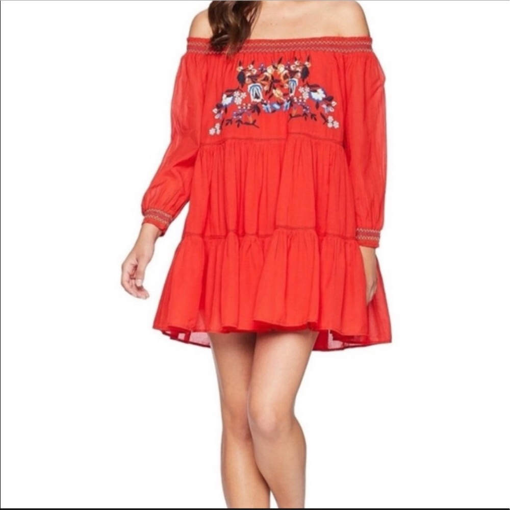 Free People Sunbeams Off Shoulder Embroidered Mini Dress Red XS tiered r…
